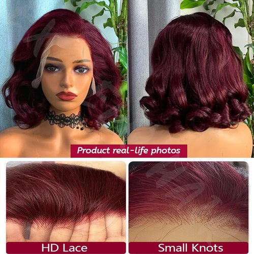 14Inch 99j Burgundy Body Wave Lace Front Wigs Human Hair 250 Density bob wig human hair 13x4 HD Transparent Lace Frontal Wigs Glueless Red Lace Front Wigs Human Hair Pre Plucked with Baby Hair…