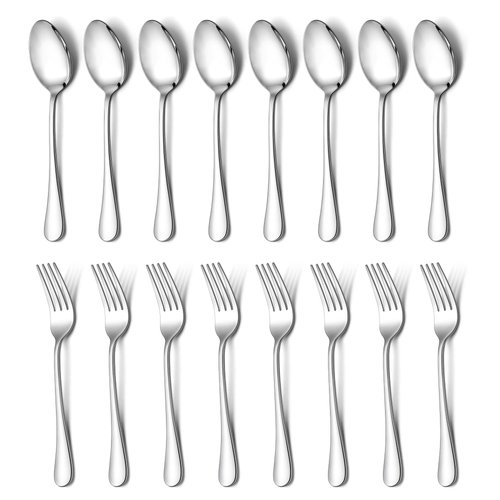 E-far 16-Piece Dinner Forks and Spoons, Stainless Steel Silverware Flatware Eating Utensils Set for Home Kitchen Restaurant, Food Grade Metal & Simple Design, Mirror Finish & Dishwasher Safe, 8 Inch
