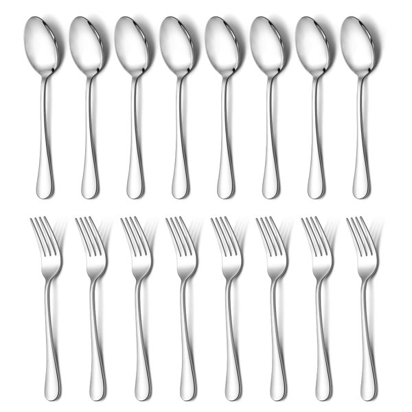 E-far 16-Piece Dinner Forks and Spoons, Stainless Steel Silverware Flatware Eating Utensils Set for Home Kitchen Restaurant, Food Grade Metal & Simple Design, Mirror Finish & Dishwasher Safe, 8 Inch