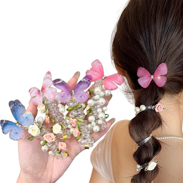 Braided Telephone Wire Hair Bands Butterfly pearl telephone cord scrunchie Ponytail Spiral Elastic No Crease Fixed Hair Ropefor Women Girl Accessory