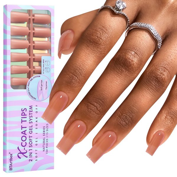 BTArtbox Soft Gel Nail Tips Square - Press On Nails Long Natural XCOATTIPS Pre-applied Tip Primer, One-Step Square Gel Nail Tips Fake Nails for DIY Nail Art