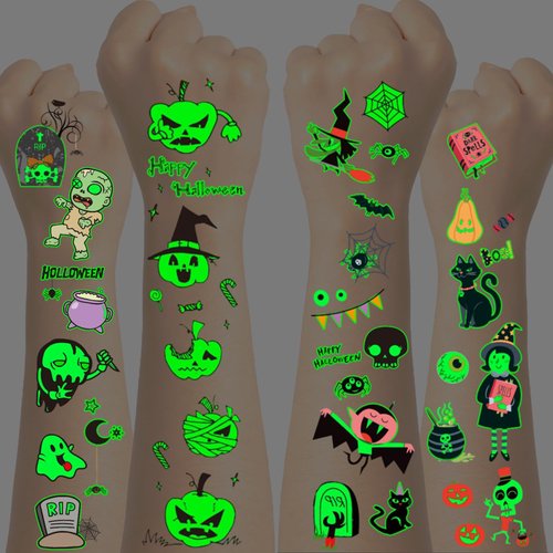 Yobbai Luminous Temporary Tattoos For Kids, 300 Patterns (24 Sheets) Glow In The Dark Tattoos for Kids, Ghosts Bat Death Pumpkins Fake Tattoo Stickers for Halloween, Glow Party Supplies