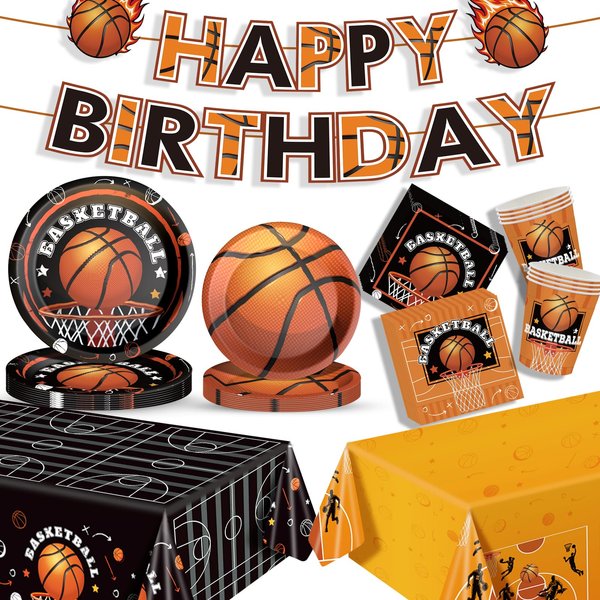 Basketball Party Supplies, Basketball Birthday Party Decorations Set Includes Dinner Plates, Dessert Plates, Napkins, Cups, Banner and Tablecloth for Basketball Theme Party Decorations , Serve 24