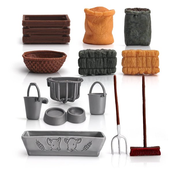 13PCS Farm Toys Feed Barn Food Accessories Toy Farm Tools Set for Farm Animals Figure Horse Stable Playset Fence Farm Accessories Cake Toppers for Kids Toddlers Hay Bale Straw Heap Educational Gift