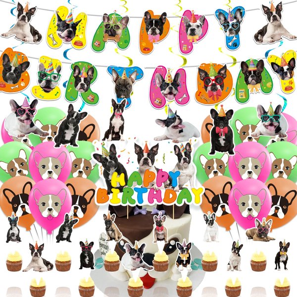 Boston Terrier Party Decorations Boston Terrier Birthday Party Supplies Includes Boston Terrier Birthday Banner Hanging Swirls Cake Topper Cupcake Toppers Balloons for Boston Terrier Dog Lovers Party
