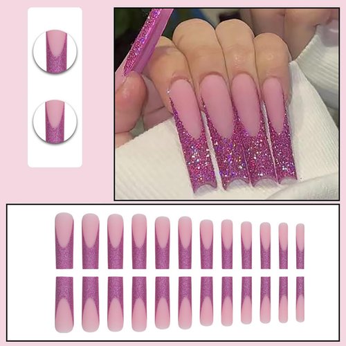 Glitter French Tip Press on Nails Long Square Fake Nails Purple Glitter Tip Design Artificial Nails Frosted Pink Glue on Nails Coffin False Nails Reusable Stick on Nails Acrylic Nails for Women 24Pcs