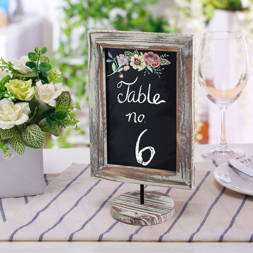 MyGift Set of 3 Tabletop Chalkboard Sign with Torched Wood Frame and Round Base, Decorative Wedding Table Place Card Signage, Rustic Small Kitchen Countertop Memo Board