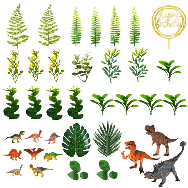 Dinosaur Cake Toppers Dinosaur Toy Artificial Plants Grass Cake Decorations for Boy Girl Kid Birthday Baby Shower Dinosaur Theme Jungle Party Supplies (Style 2)
