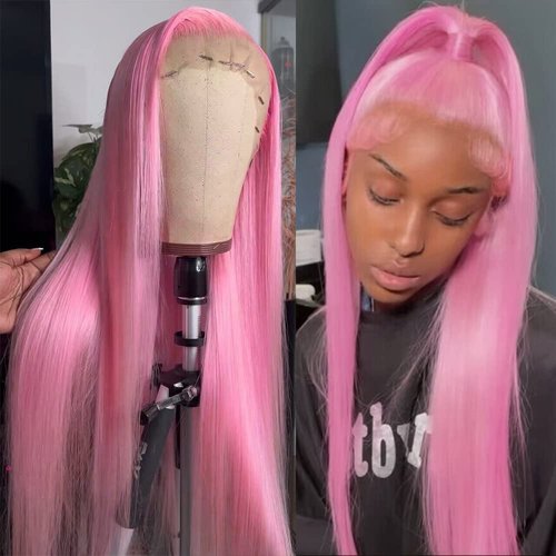 QMSSR Pink Lace Front Wig Long Straight Hair Glueless Lace Wigs for Fashion Women Pastel Pink Synthetic Lace Front Wigs Natural Hairline