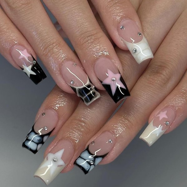 DOCVOEOMH Y2K Press on Nails Medium Long Coffin French Tips White Fake Nails with Rhinestones White Pink Star Design Ballerina False Acrylic Full Cover Glue Stick on Nails for Women Wedding 24Pcs