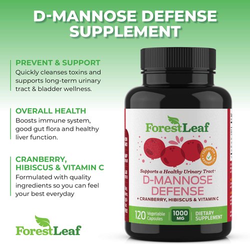 ForestLeaf D-Mannose Defense 1000mg - D Mannose with Cranberry, Hibiscus and Vitamin C - for Urinary Tract Health and Cleanse, Urinary Pain & Bladder Control - 120 Veggie Capsules