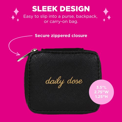Miamica Zippered “Daily Dose” Pill Case with 8-Day Removable Plastic Medicine Organizer, Black, 3.5” L x 2.75” W x 1.25” H – Keep Your Vitamins and Pills Organized – Compact and Sleek Pill Box