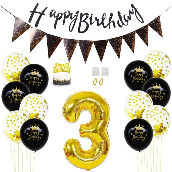 Daimay 3rd Birthday Party Decorations Gold Black Happy Birthday Latex Confetti Balloons Triangle Flag Banner Number 3 Foil Balloon Cake Topper for Men Women Anniversary Birthday Party Supplies