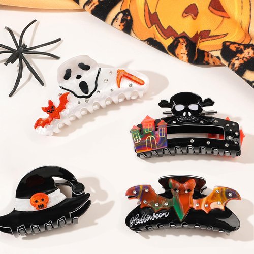 4 Pack Halloween Hair Claw Clips,Bat Ghost Skull Witch Hat Design Halloween Hair Clip,Rhinestone Claw Clip,Non-slip Hair Clips Strong Hold Hair Jaw Clips for Women Girls Halloween Hair Accessories