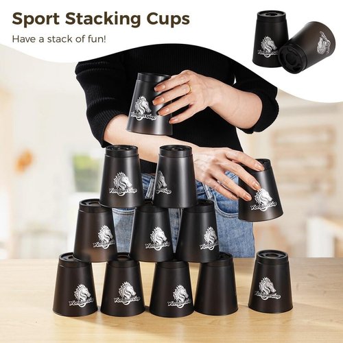 yeesport 12 Pcs Sport Stacking Cups, Speed Training Game for Challenge Competition, Plastic Stacking Cups, Classic Family Game for Kids and Adults, Black