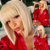 21AE Glueless Wigs Human Hair Bleached Knots, 613 Blonde Bob Wig with Bangs, Blunt Cut Silky Straight Realistic Look HD Lace 12 Inch Short Bob Wigs With Bangs, 100% Brazilian Human Virgin Hair Wigs