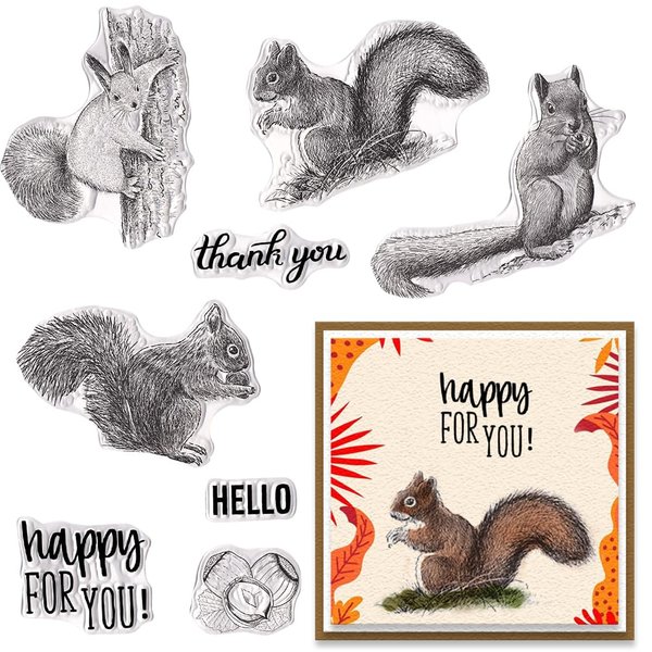 Cartoon Squirrel Clear Stamps for Card Making Blessing Thank You Words Rubber Stamps Flowers Transparent Silicone Stamps for DIY Scrapbooking Embossing Paper Card Album Decoration Craft Supplies