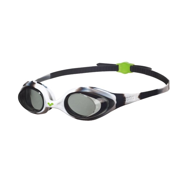 Arena Unisex Youth Spider Junior Swim Goggles Girls and Boys Ages 6 to 12 No Fog Non-Mirror Lens Easy to Adjust Strap No Leak, Black/White/Clear