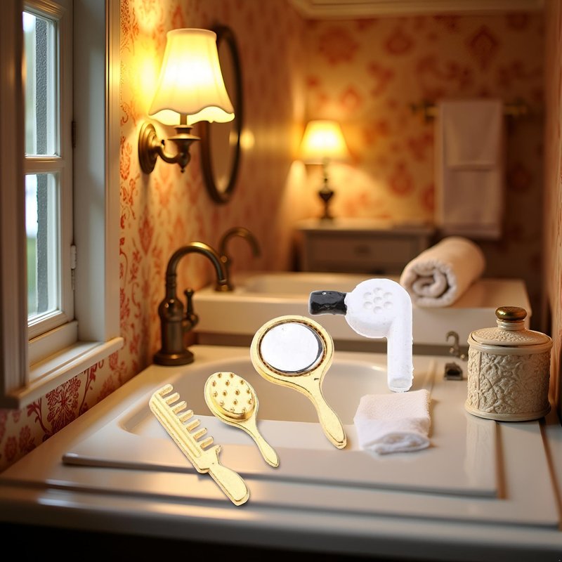 4 Pcs/Set Miniature Comb Hair Dryer Mirror Makeup Set 1/12 Dollhouse Decorations Dollhouse Access...