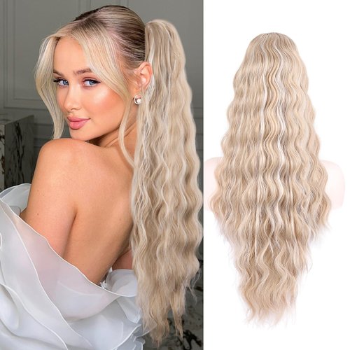 NOSTALGIA Blonde Ponytail Extensions Long Wavy Drawstring Ponytail 26 Inch Drawstring Ponytail Hair Extensions for Women Daily Use