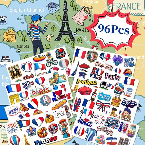 France Temporary Tattoos, 96pcs French Temporary Tattoos, Htabiol French Decorations, France Party Decorations, French Party Favors, Fit for Paris Party, French Birthday Party, French Classroom