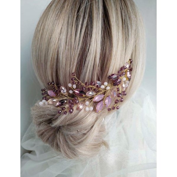 Aimimier Bridal Pink Purple Crystal Hair Vine Amethyst Marquise Opal Crystal Headband Boho Wedding Hair Accessories for Women