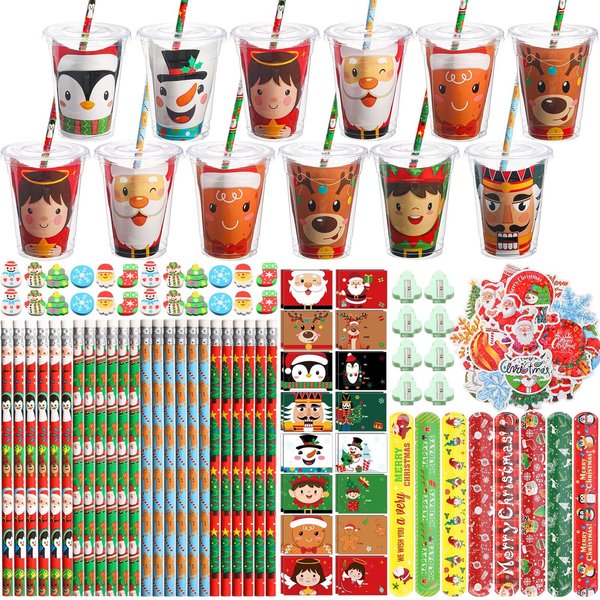 Tioncy 192 Pcs Christmas Party Favors Christmas Stationery Set Christmas Theme Toys Gift Bulk with Cups Xmas Goody Bag Filler for Gift Exchange Prizes Rewards Supplies