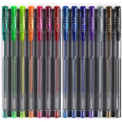 Arteza Glitter Gel Pens with Triangular Grip, 14 Colors -- 0.8 - 1.0 mm Tips, Bright and Vivid Ink, Art Supplies for Scrapbooking, Doodling, & Journaling