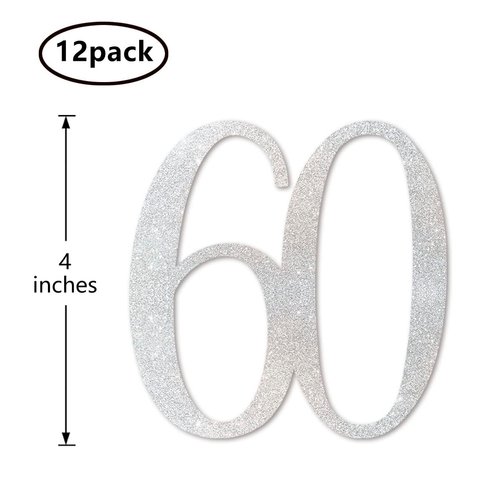 Silver Glitter 60th Birthday Centerpiece Sticks, 12-Pack Number 60 Table Topper Anniversary Party Decorations