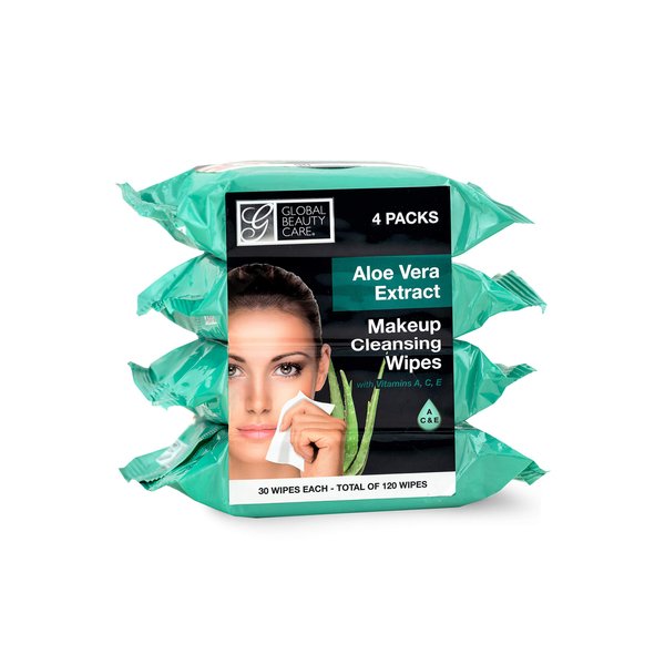Global Beauty Care Cleansing Makeup Removal Wipes Bulk - Great for travel toiletries - 120 Count (4-Pack) (Aloe Vera)