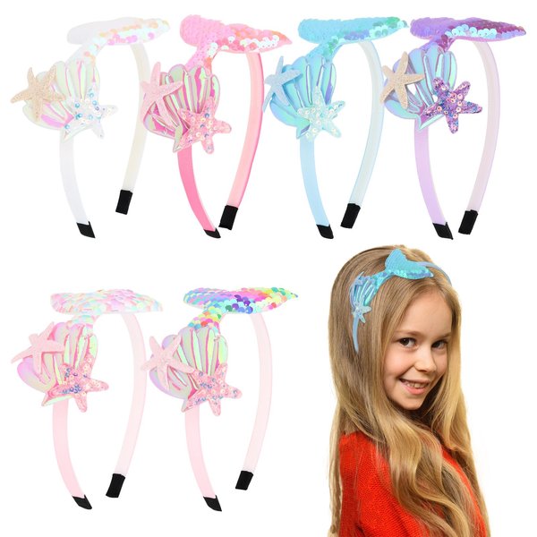GAFATORY 6Pcs Mermaid Headbands for Girls Fish Tail Hair Band for Women White Pink Blue Purple Light Pink Rainbow Multi-colored Headbands Seashell Ocean Theme Cute Headband