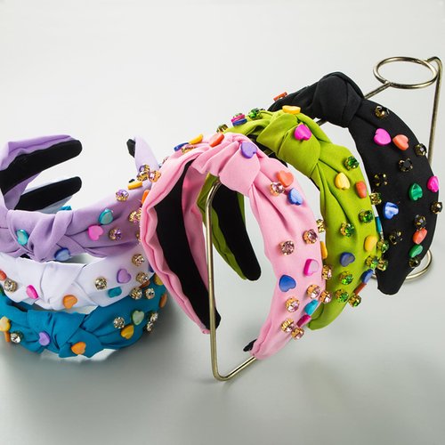 Heart Headband for Women Girls, Knotted Headband Colorful Hearts Rhinestone Embellished Headband, Fashion Top Twist Hair Band Hair Accessory Gifts for Girls (E - White & heart rhinestone)