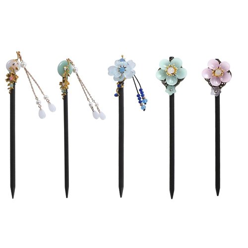 Pokinge 5pcs Colored Glaze Flower Antique Hairpin Tassel Wooden Hairpin Elegant Hair Clasp Vintage Hanfu Headdress Han Costume Accessories Antique Hairpin