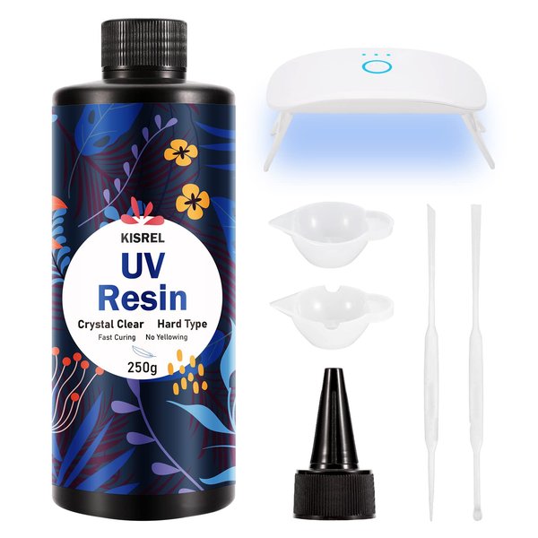 KISREL UV Resin Kit with Light - 250g Upgraded Hard Type Crystal Clear Ultraviolet Curing UV Resin Kit, 8 Lamp Beads UV Light, UV Resin with Light for Craft Jewelry Making