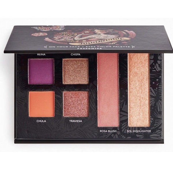 Reina Rebelde Multi-Palette Face + Eyes Color Eyeshadow Blush & Highlighter Palette (Presumida) - Matte Violet, Matte Terracotta, Rose Gold Shimmer, Fire Shimmer, Mauve Blush, Warm Peach Highlight