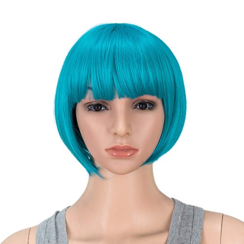 SWACC 10 Inch Short Straight Bob Wig with Bangs Synthetic Colorful Cosplay Daily Party Flapper Wig for Women and Kids with Wig Cap (Teal Blue)