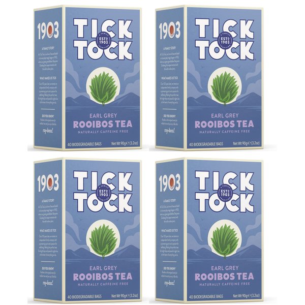 TICK TOCK TEAS Rooibos Earl Grey, Naturally Caffeine Free Red Bush Herbal Tea, Rich in Anti-Oxidants, South African, Superfood, 3.5 Oz, 40 Count, Pack of 4