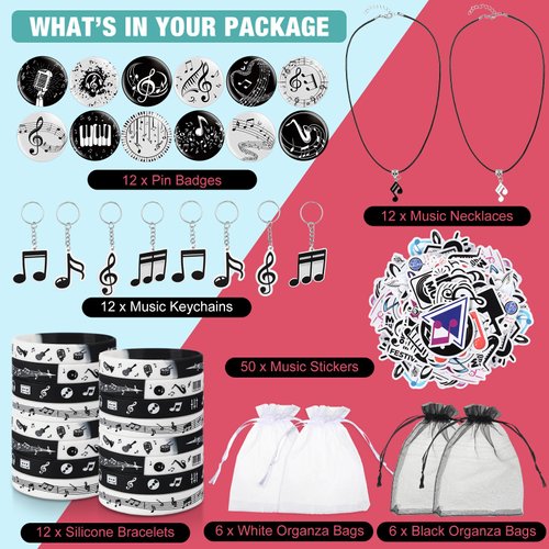 Seajan 110 Pcs Music Party Favors Include Music Notes Silicone Bracelets Musical Note Necklaces Keychains Stickers Badges Organza Gift Bag Fillers for Music Themed Birthday Party Supplies Decorations