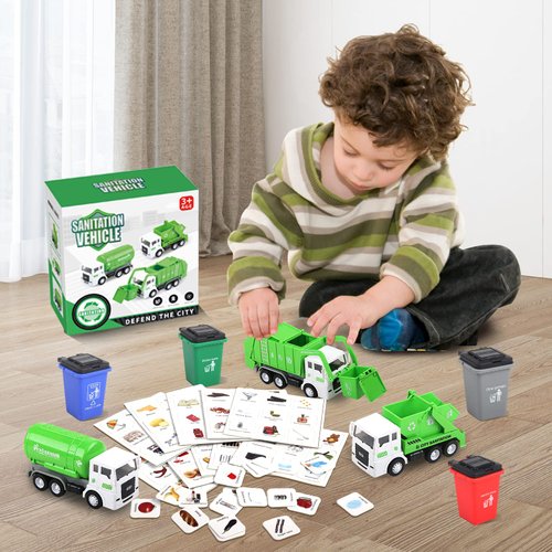 FIVEDAOGANG Garbage Truck Toy, 3 Pack Friction Powered Waste Management Garbage Truck Game with Front Load Dumpster, Back Dump Garbage,4 Trash Bins with 108 pcs Trash Cards, Gift for 3+ Years Old Kids