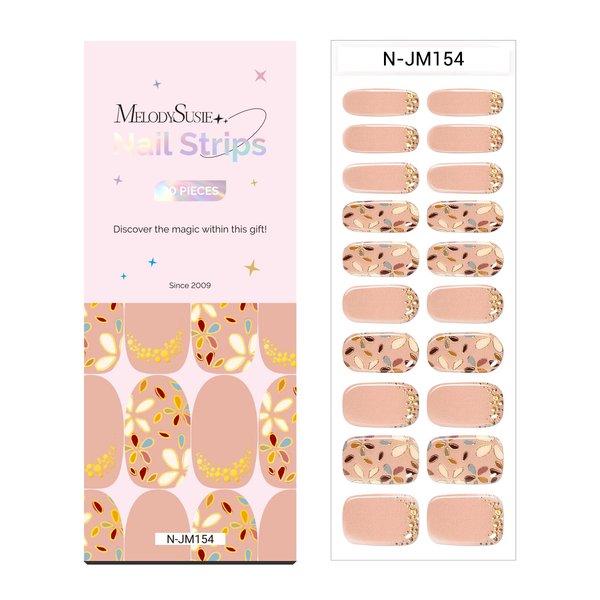 MelodySusie Semi Cured Gel Nail Strips (Brown Petals), Works with Nail Lamp, Salon Quality, Long Lasting, Easy to Apply and Remove, Includes 20Pcs, 2 Prep Pads, Nail File and Wooden Stick