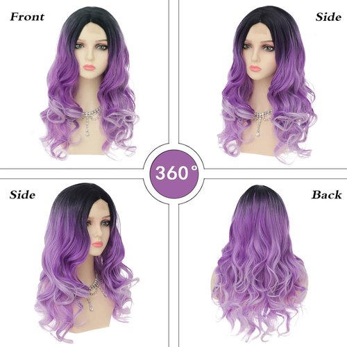 Dai Cloud Ombre Purple Wigs for Women Dark Roots Long Curly Wave Wigs Middle Part Synthetic Halloween Party Wigs