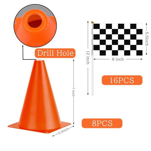 Traffic Cones with Racing Checkered Flags-8 Traffic Cones With Hole on Top, 16 Checkered Flags, Race Car Birthday Party Supplies, Table Centerpiece Decorations, Kids Gift (18PCS)