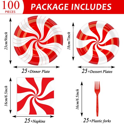 100Pcs Christmas Candy Cane Party Plates and Napkins Party Supplies Peppermint Party Tableware Set Red and White Striped Christmas Winter Party Decor Favors for Holiday Xmas Theme Party Serves 25