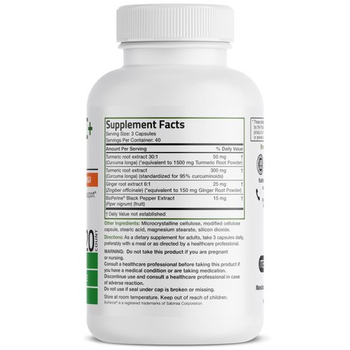 Bronson Turmeric + Ginger Extra Strength Joint Health & Digestion Support with BioPerine, Non-GMO, 120 Vegetarian Capsules
