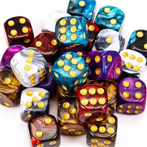 TecUnite 25 Pieces Polyhedral Dice Set 6 Sided Game Dice Set with Black Pouch for Table Games (Marble Color)