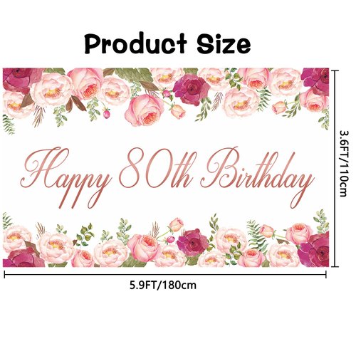 Vlipoeasn Elegant White Happy 80th Birthday Decorations for Women Rose Gold Flower Peony Photography Backdrop for 80th Birthday Party Surprise for Mother Cheers to 80 Years Old Birthday Party Supplies