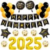 2025 Gold Balloons Happy New Year Banner Gold Black Paper Flag Bunting Swirl Streamers & Pom Poms Balloons for New year Party Decorations