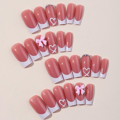 French Tip Press on Nails with Charms Medium Fake Nails White French Nails Press ons Cute Bow Stick on Nails Long Square Shape Acrylic Nails Heart Nails Rhinestones Nails for Women Daily Wear