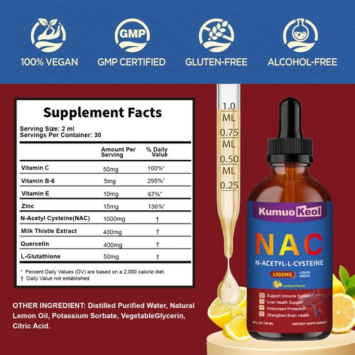 NAC 1000mg Drops, N-Acetyl Cysteine Liquid, with Quercetin and Zinc for Adults, Kids, Support Liver and Lung Function, Antioxidants, Immunity, Skin Health, 2 Fl Oz
