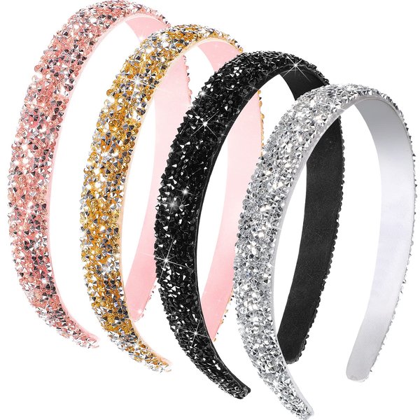 Waydress 4 Pieces Rhinestone Headband for Women Crystal Sparkly Jewel Bling Glitter Headband Hair Accessories (Simple Color)